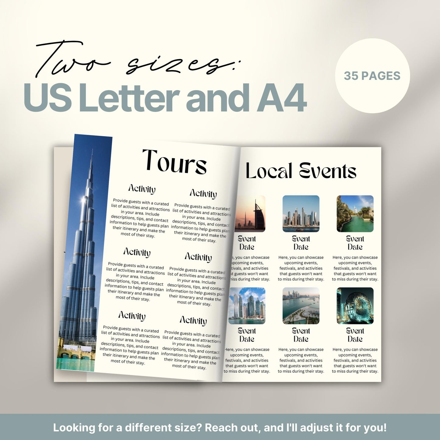 Travel itinerary template displayed in two formats: US Letter and A4 sizes, featuring organized trip details, minimalist design, and printable layout for easy planning.