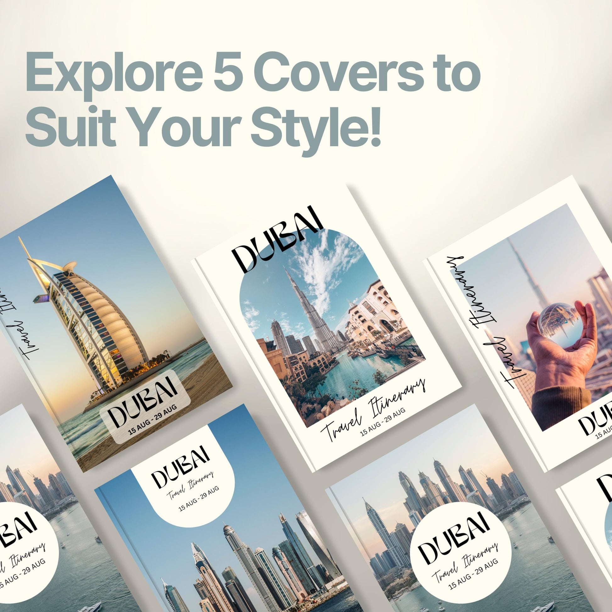 A promotional graphic titled “Explore 5 Covers to Suit Your Style!” showcasing five different travel itinerary cover designs.