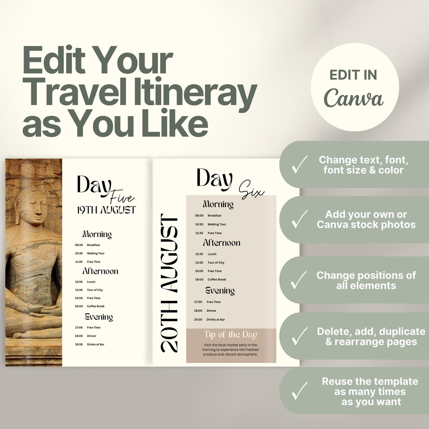 A promotional graphic for a customizable travel itinerary template. On the right, a checklist highlights editable features: change text, font, and colors; add personal or stock photos; rearrange elements; duplicate pages; and reuse the template multiple times. A Canva logo indicates editing is done in Canva.