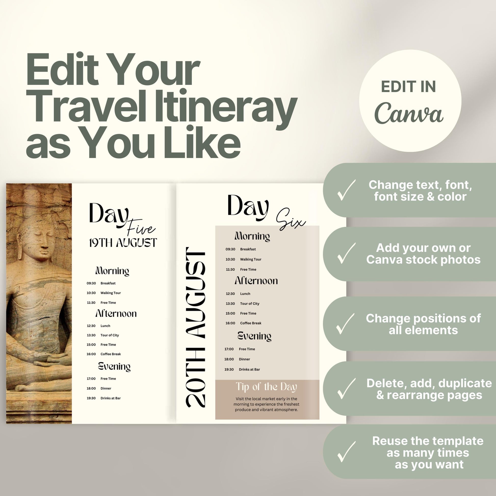 A promotional graphic for a customizable travel itinerary template. On the right, a checklist highlights editable features: change text, font, and colors; add personal or stock photos; rearrange elements; duplicate pages; and reuse the template multiple times. A Canva logo indicates editing is done in Canva.