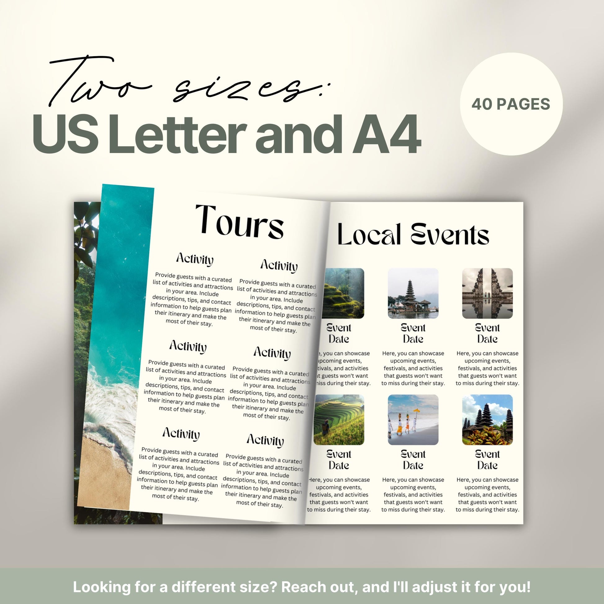 Travel itinerary template displayed in two formats: US Letter and A4 sizes, featuring organized trip details, minimalist design, and printable layout for easy planning.