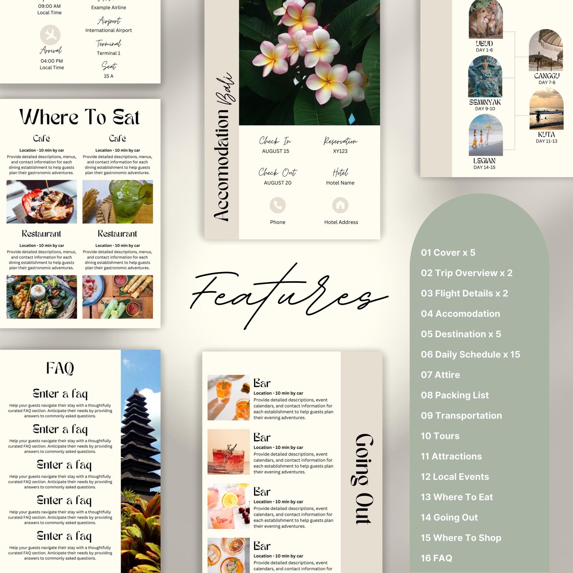 Travel itinerary template with features like daily schedule, accommodation and transportation details, packing checklist.