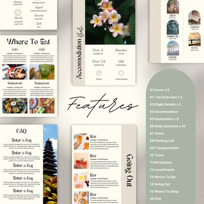 Travel itinerary template with features like daily schedule, accommodation and transportation details, packing checklist.