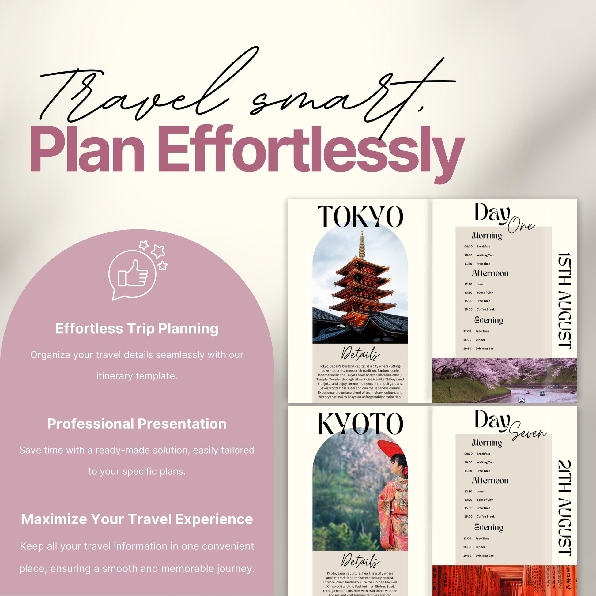 A promotional image for a travel itinerary template titled “Travel smart. Plan Effortlessly.” On the left, a rounded panel highlights benefits of the product including: "Effortless Trip Planning," "Professional Presentation," and "Maximize Your Travel Experience."