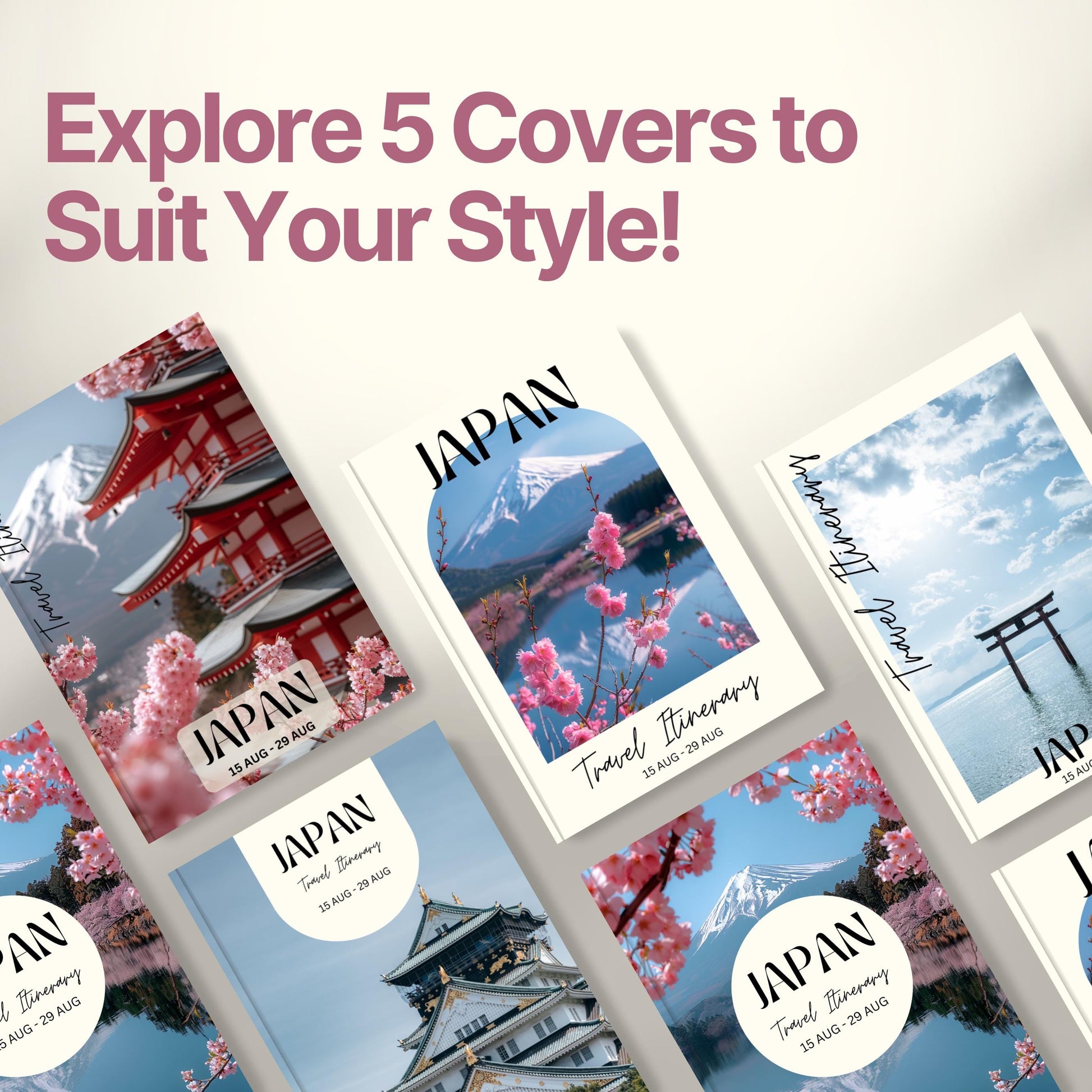 A promotional graphic titled “Explore 5 Covers to Suit Your Style!” showcasing five different travel itinerary cover designs.