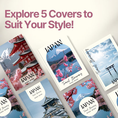 A promotional graphic titled “Explore 5 Covers to Suit Your Style!” showcasing five different travel itinerary cover designs.