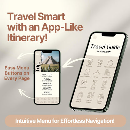 Two smartphones display a digital travel itinerary designed to look and function like an app. Bold text highlights features like "Easy Menu Buttons on Every Page" and "Intuitive Menu for Effortless Navigation!"