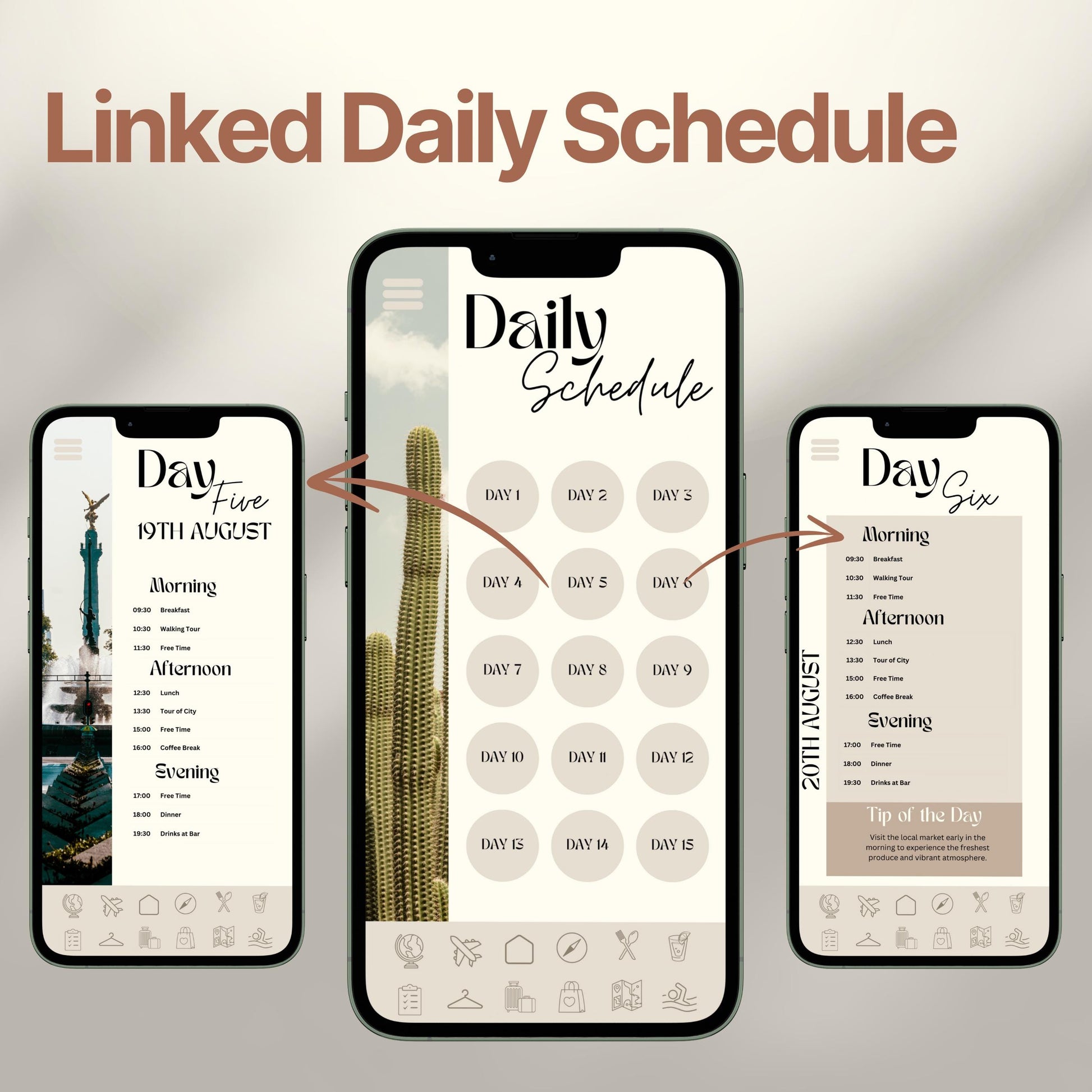 Three smartphones display an interactive digital travel itinerary. The layout emphasizes the ability to click each day for a linked, organized itinerary.