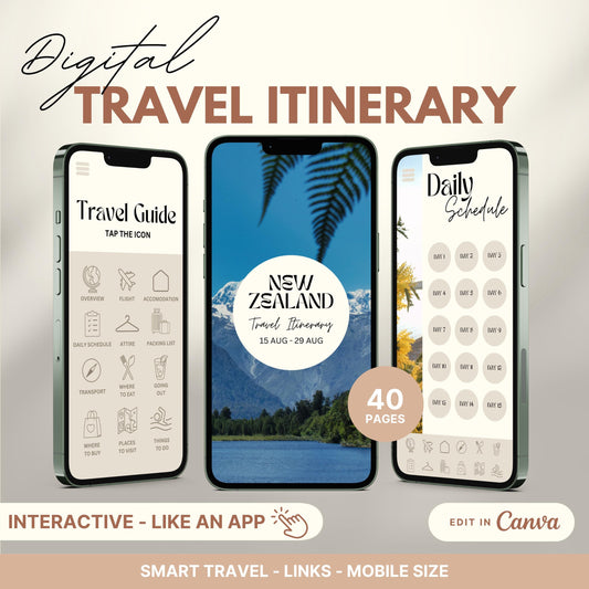 Digital travel itinerary displayed on three smartphones, featuring an interactive travel guide, daily schedule, and itinerary cover.