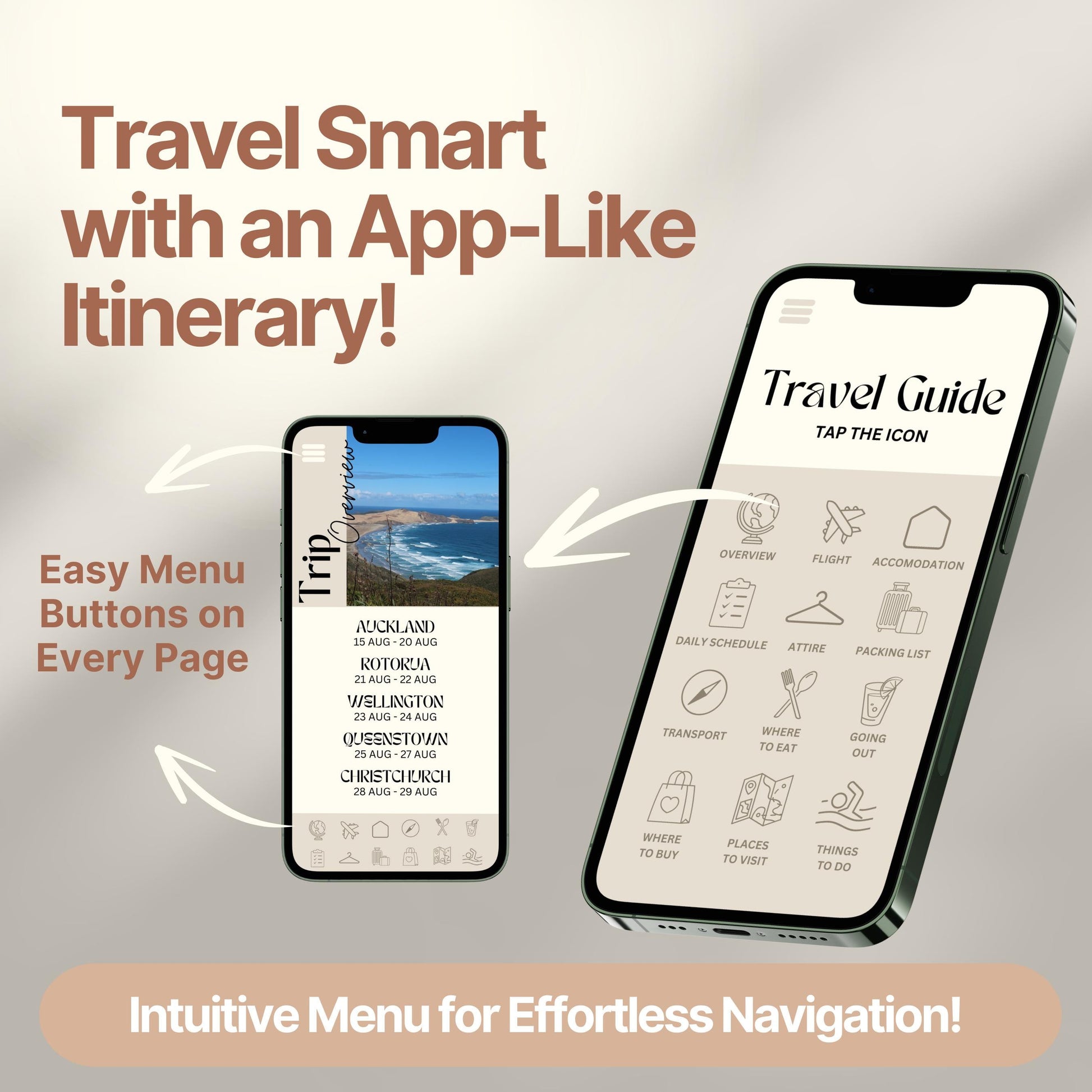Two smartphones display a digital travel itinerary designed to look and function like an app. Bold text highlights features like "Easy Menu Buttons on Every Page" and "Intuitive Menu for Effortless Navigation!"