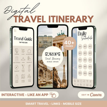 Digital travel itinerary displayed on three smartphones, featuring an interactive travel guide, daily schedule, and itinerary cover.