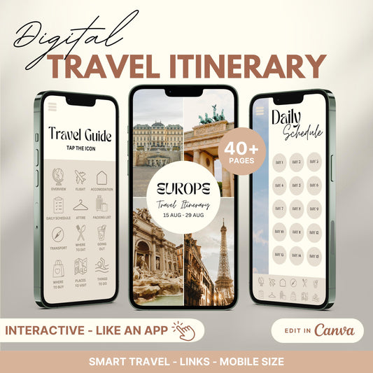 Digital travel itinerary displayed on three smartphones, featuring an interactive travel guide, daily schedule, and itinerary cover.