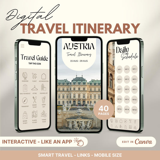 Digital travel itinerary displayed on three smartphones, featuring an interactive travel guide, daily schedule, and itinerary cover.