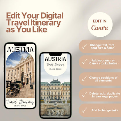 Two smartphones display customizable digital travel itinerary covers. The right side of the image lists editing features in Canva, including changing text, font, colors, images, layout, and links. A round badge reads “EDIT IN Canva,” emphasizing flexibility and personalization options.
