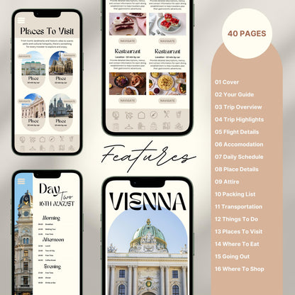 A promotional graphic for a 40-page digital travel itinerary, displayed on mobile phones. The screens show beautifully designed pages including “Places to Visit,” restaurant recommendations with images, a detailed daily schedule,