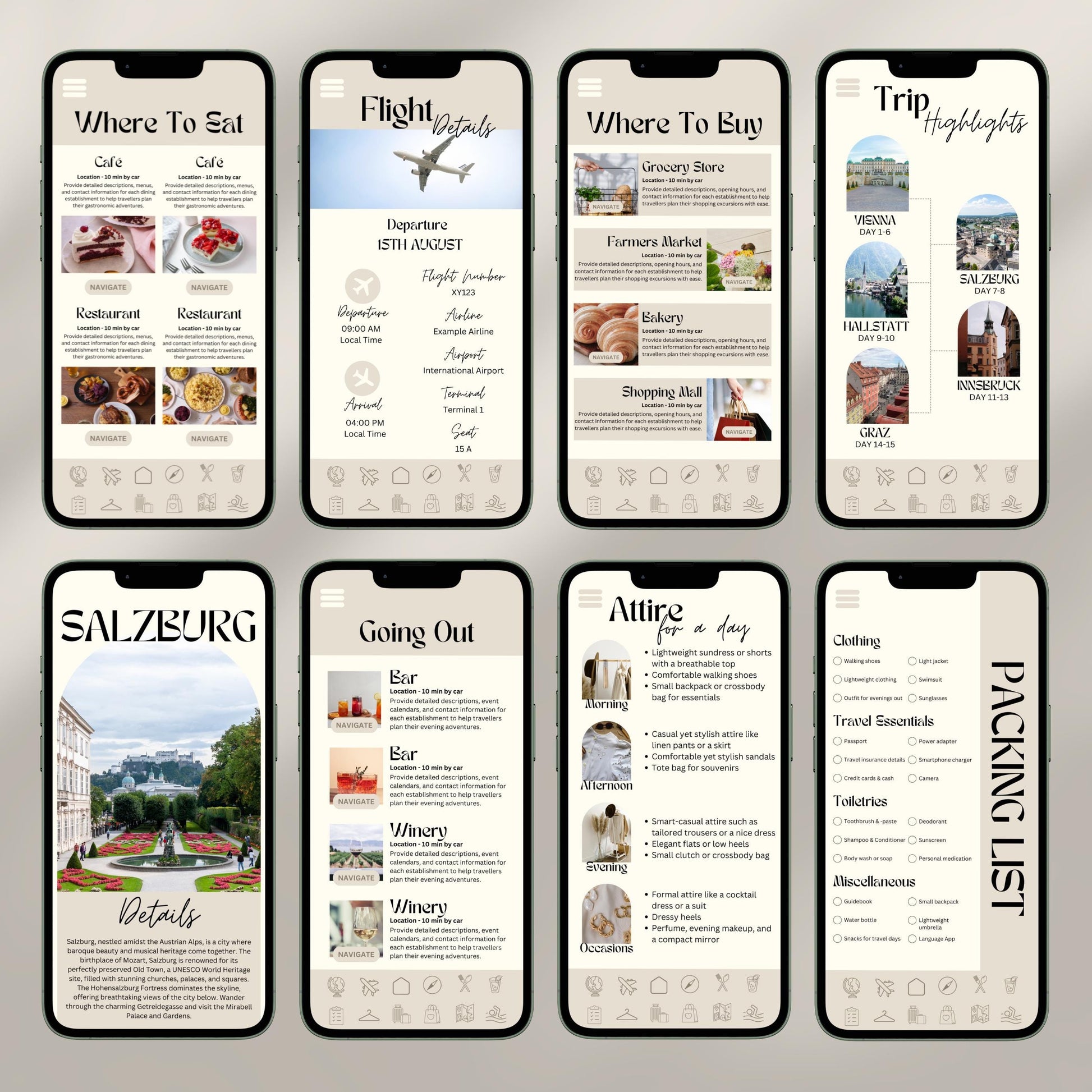 A collage of eight smartphone screens showcases a digital travel itinerary interface. Each screen displays different sections.
