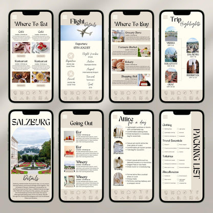 A collage of eight smartphone screens showcases a digital travel itinerary interface. Each screen displays different sections.