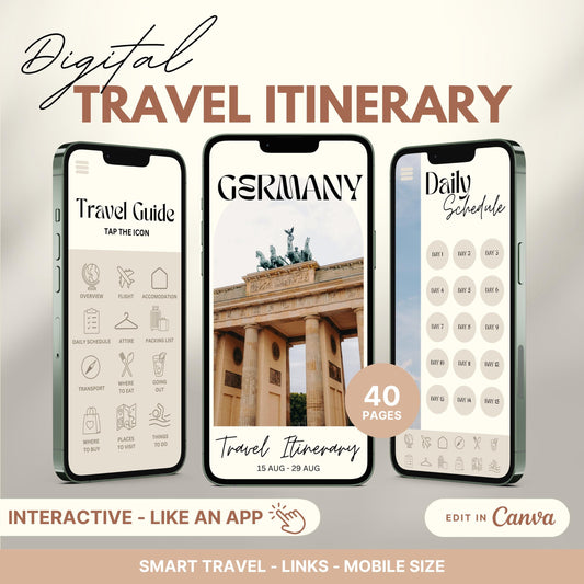 Digital travel itinerary displayed on three smartphones, featuring an interactive travel guide, daily schedule, and itinerary cover.
