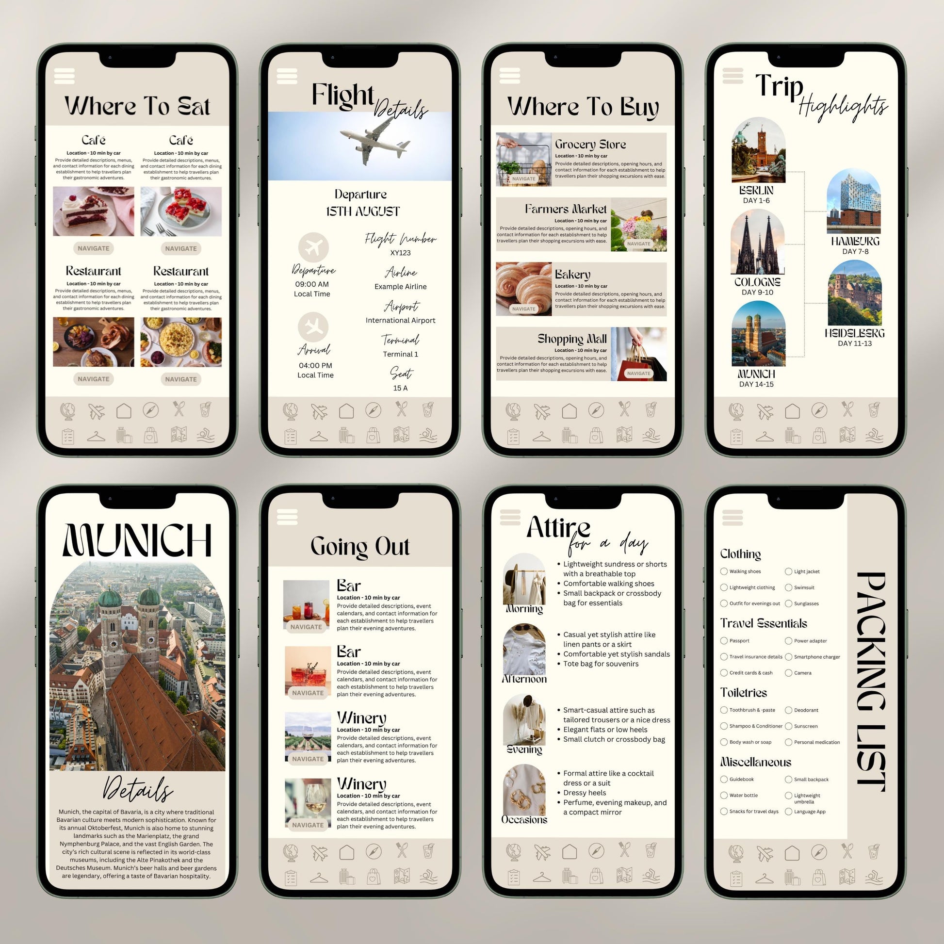 A collage of eight smartphone screens showcases a digital travel itinerary interface. Each screen displays different sections.