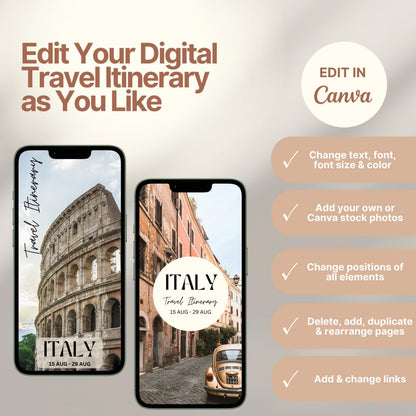Two smartphones display customizable digital travel itinerary covers. The right side of the image lists editing features in Canva, including changing text, font, colors, images, layout, and links. A round badge reads “EDIT IN Canva,” emphasizing flexibility and personalization options.