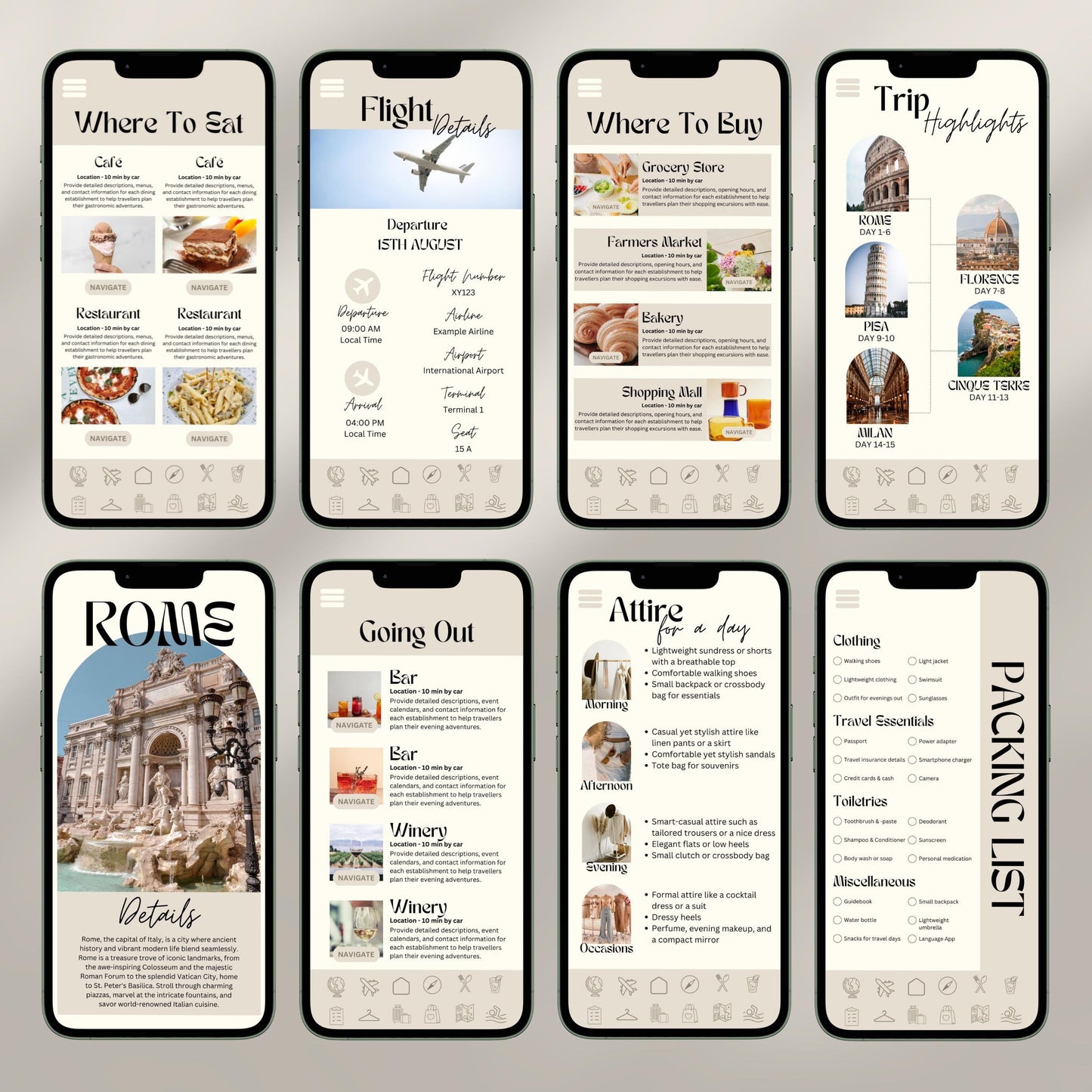 A collage of eight smartphone screens showcases a digital travel itinerary interface. Each screen displays different sections.