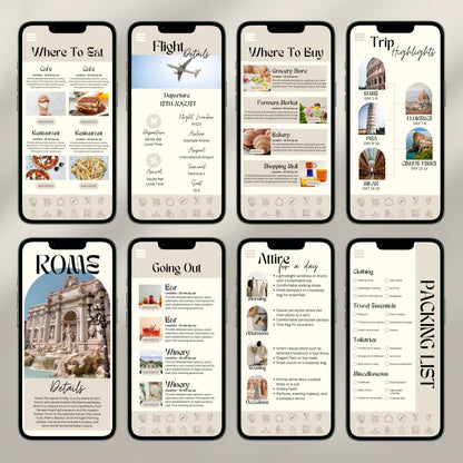 A collage of eight smartphone screens showcases a digital travel itinerary interface. Each screen displays different sections.