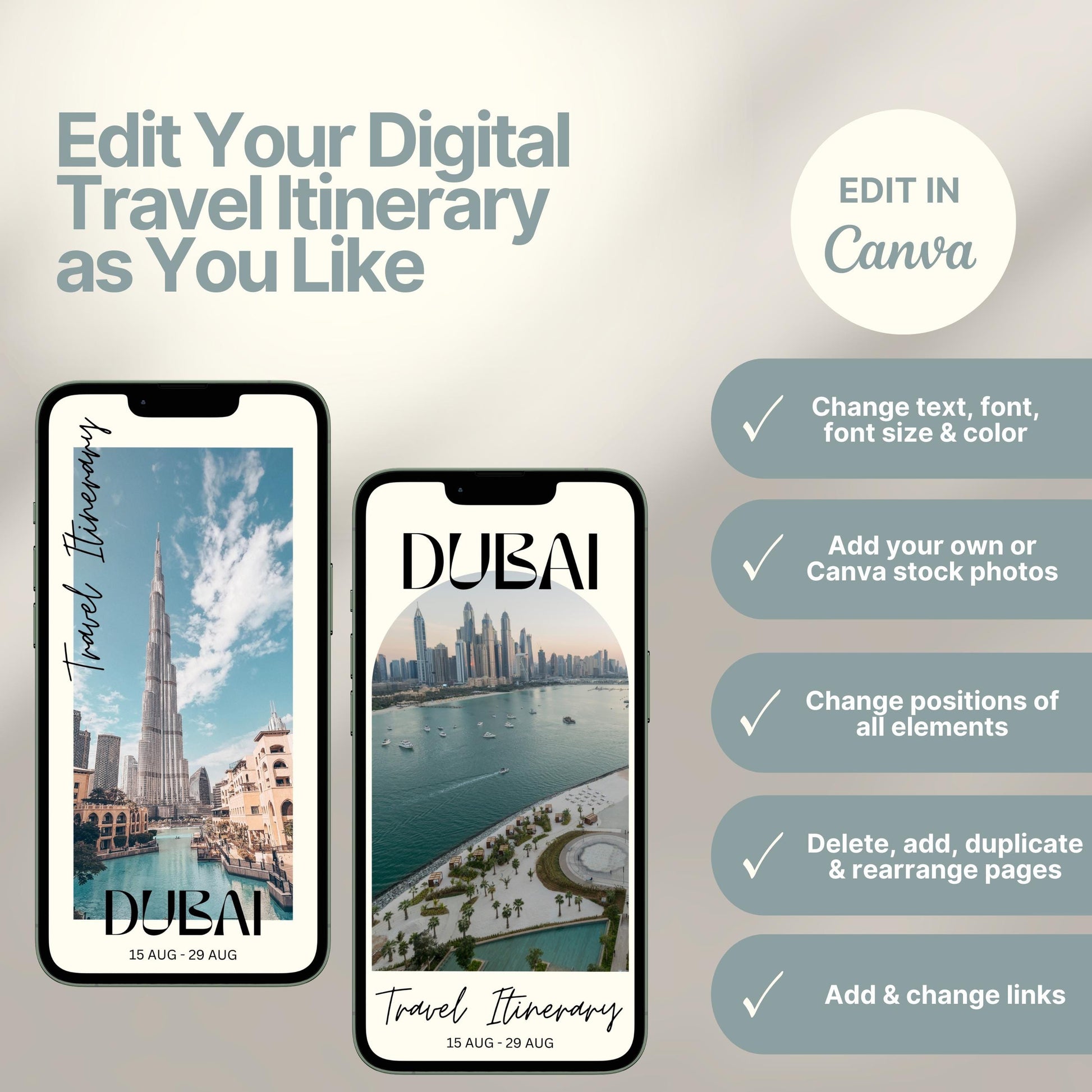 Two smartphones display customizable digital travel itinerary covers. The right side of the image lists editing features in Canva, including changing text, font, colors, images, layout, and links. A round badge reads “EDIT IN Canva,” emphasizing flexibility and personalization options.