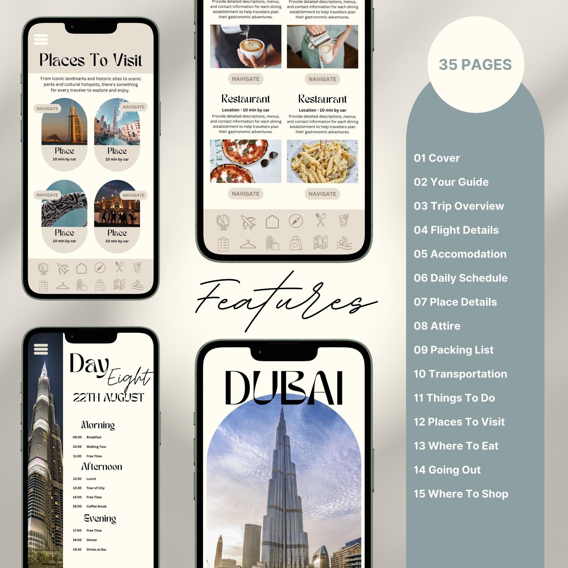 A promotional graphic for a 35-page digital travel itinerary, displayed on mobile phones. The screens show beautifully designed pages including “Places to Visit,” restaurant recommendations with images, a detailed daily schedule,