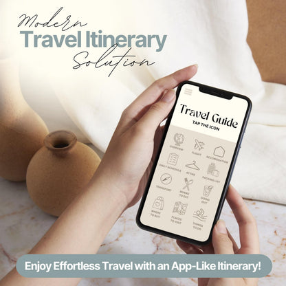 Hands holding a smartphone displaying a digital travel guide with icons, overlaid text reading 'Modern Travel Itinerary Solution' and a banner that says 'Enjoy Effortless Travel with an App-Like Itinerary!