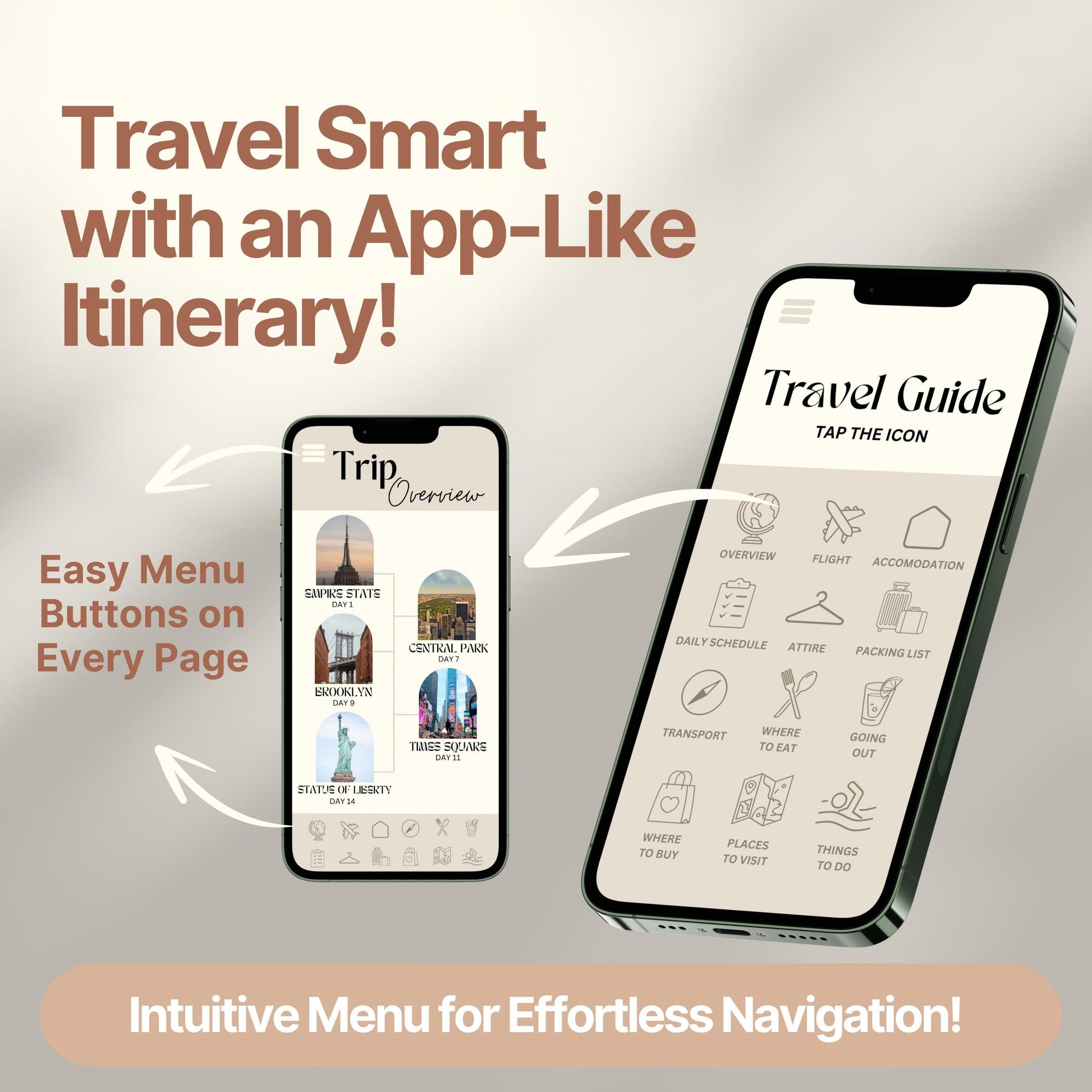 Two smartphones display a digital travel itinerary designed to look and function like an app. Bold text highlights features like "Easy Menu Buttons on Every Page" and "Intuitive Menu for Effortless Navigation!"