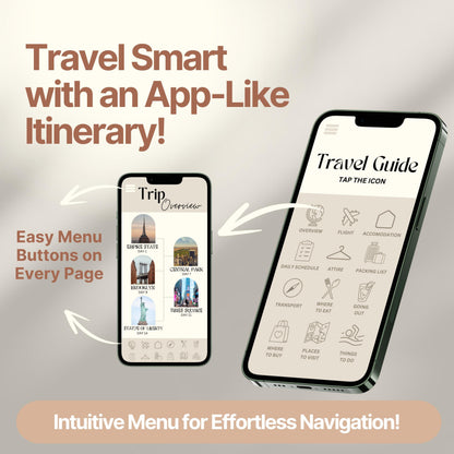 Two smartphones display a digital travel itinerary designed to look and function like an app. Bold text highlights features like "Easy Menu Buttons on Every Page" and "Intuitive Menu for Effortless Navigation!"