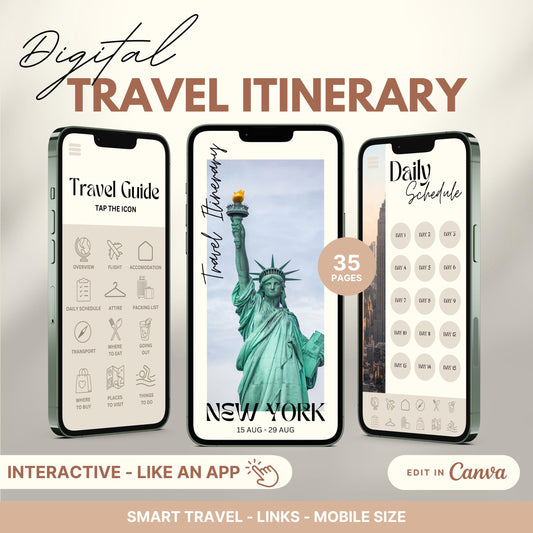 Digital travel itinerary displayed on three smartphones, featuring an interactive travel guide, daily schedule, and itinerary cover.