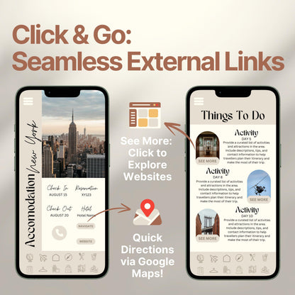 Two smartphones display an interactive digital travel guide interface. Text highlights features like “Quick Directions via Google Maps!” and “Click to Explore Websites,” emphasizing seamless external link integration for an app-like travel experience.