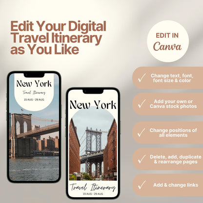 Two smartphones display customizable digital travel itinerary covers. The right side of the image lists editing features in Canva, including changing text, font, colors, images, layout, and links. A round badge reads “EDIT IN Canva,” emphasizing flexibility and personalization options.