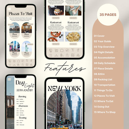 A promotional graphic for a 35-page digital travel itinerary, displayed on mobile phones. The screens show beautifully designed pages including “Places to Visit,” restaurant recommendations with images, a detailed daily schedule,