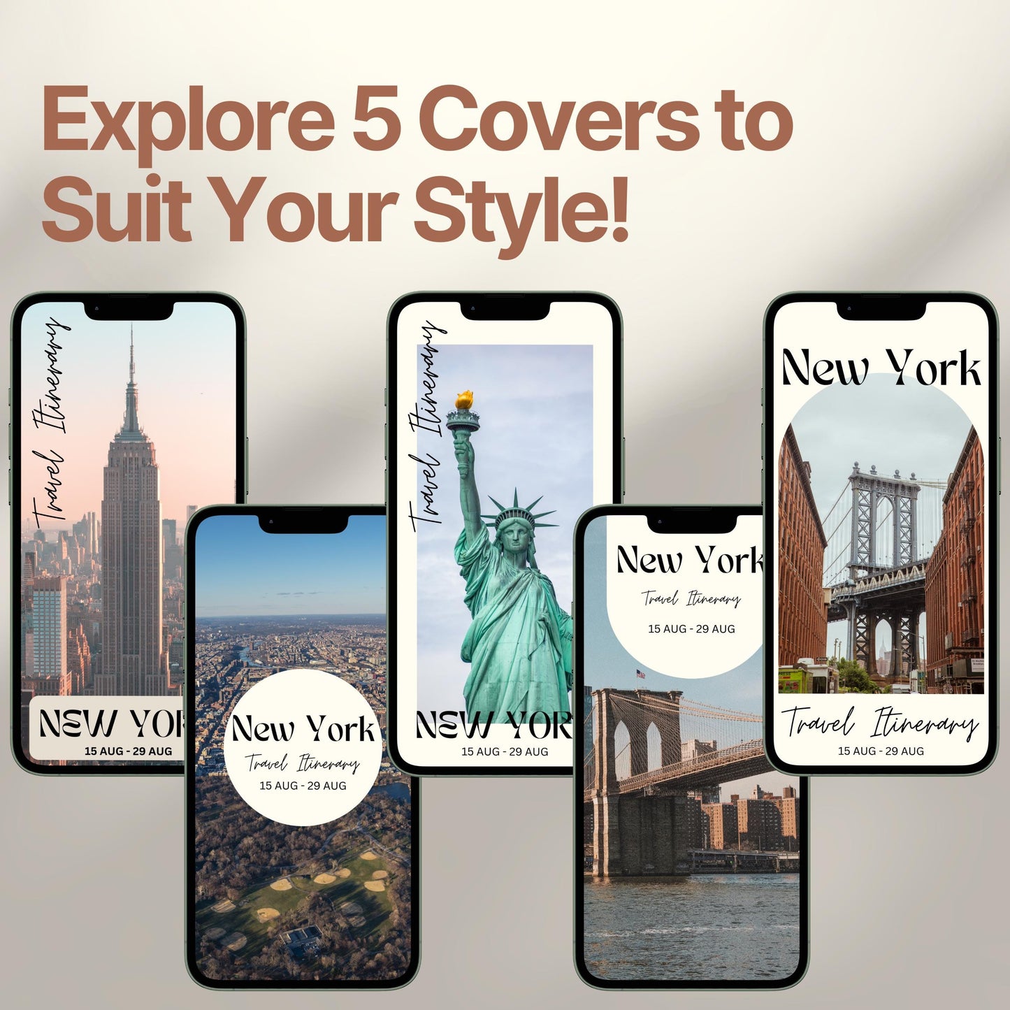 Five smartphone screens display different stylish cover designs. The headline above reads “Explore 5 Covers to Suit Your Style!” showcasing customization options for travelers.