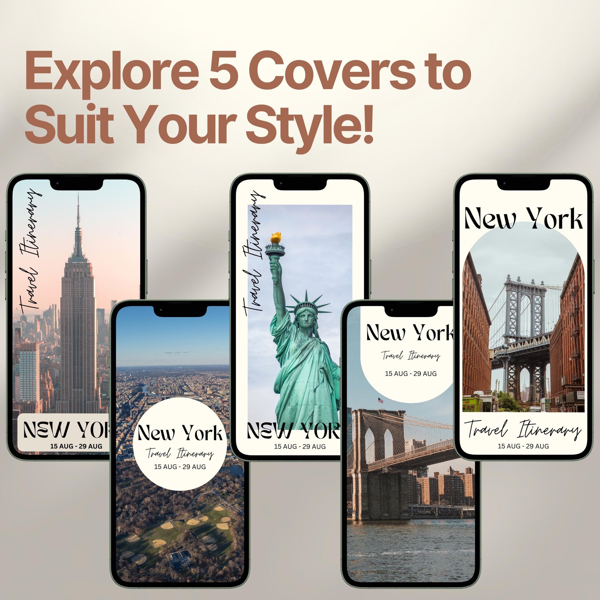 Five smartphone screens display different stylish cover designs. The headline above reads “Explore 5 Covers to Suit Your Style!” showcasing customization options for travelers.