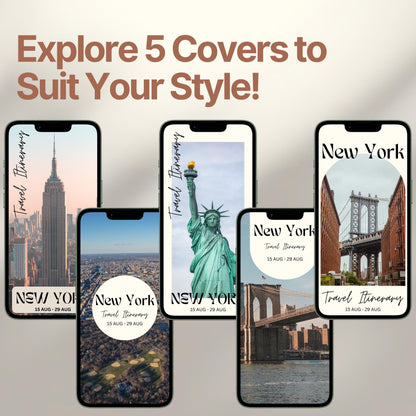 Five smartphone screens display different stylish cover designs. The headline above reads “Explore 5 Covers to Suit Your Style!” showcasing customization options for travelers.