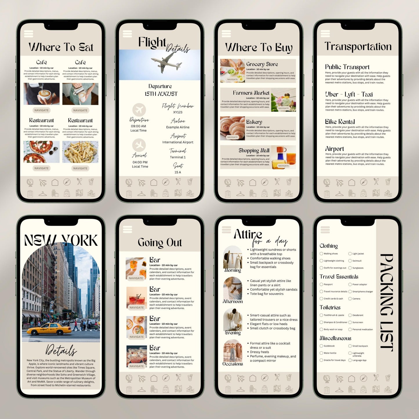 A collage of eight smartphone screens showcases a digital travel itinerary interface. Each screen displays different sections.