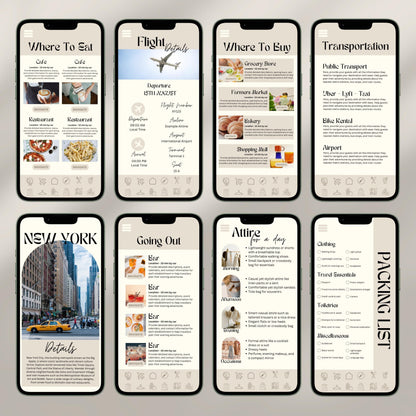 A collage of eight smartphone screens showcases a digital travel itinerary interface. Each screen displays different sections.