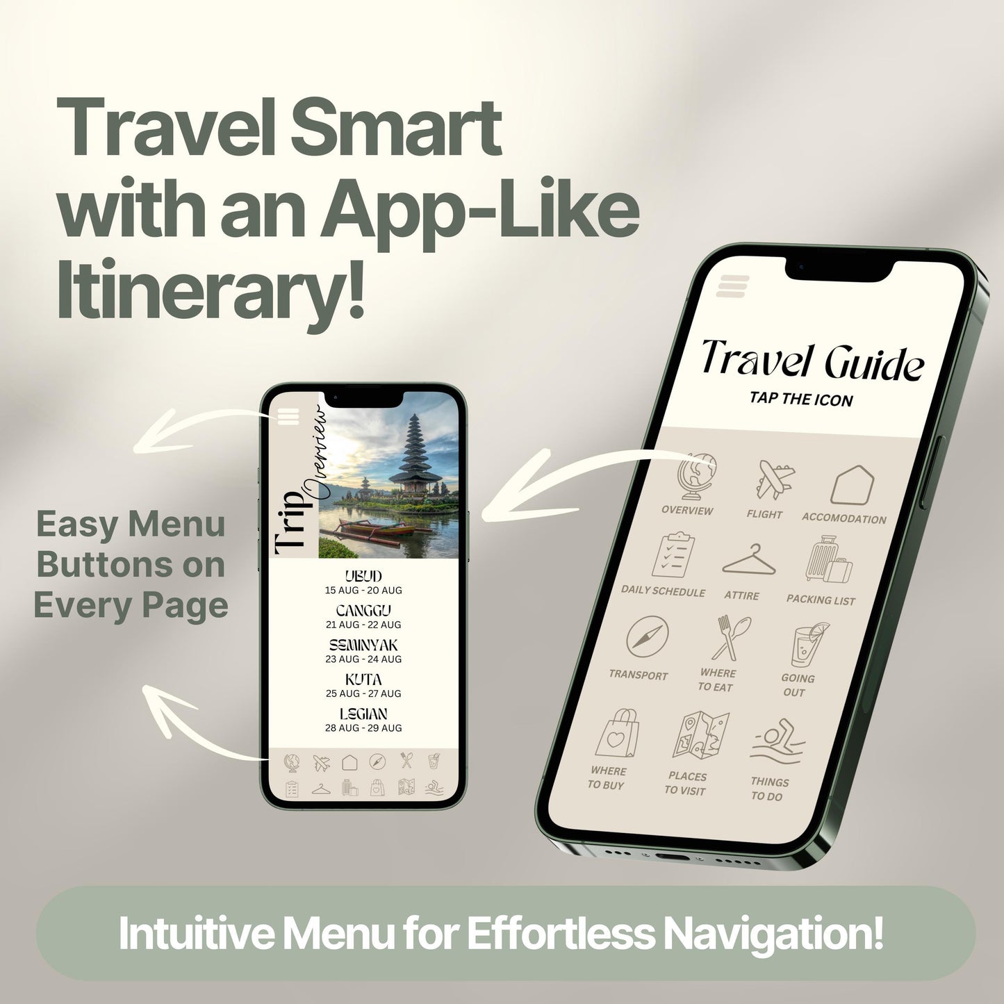 Two smartphones display a digital travel itinerary designed to look and function like an app. Bold text highlights features like "Easy Menu Buttons on Every Page" and "Intuitive Menu for Effortless Navigation!"