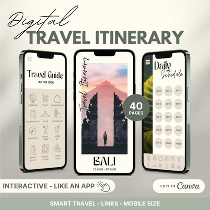 Digital travel itinerary displayed on three smartphones, featuring an interactive travel guide, daily schedule, and itinerary cover.