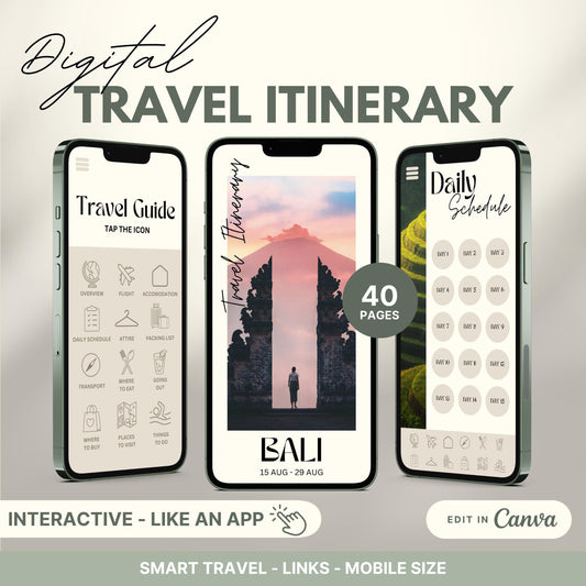 Digital travel itinerary displayed on three smartphones, featuring an interactive travel guide, daily schedule, and itinerary cover.