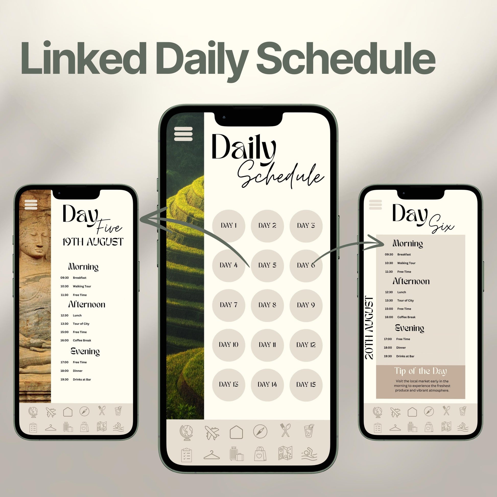Three smartphones display an interactive digital travel itinerary. The layout emphasizes the ability to click each day for a linked, organized itinerary.