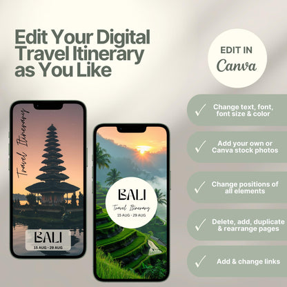 Two smartphones display customizable digital travel itinerary covers. The right side of the image lists editing features in Canva, including changing text, font, colors, images, layout, and links. A round badge reads “EDIT IN Canva,” emphasizing flexibility and personalization options.