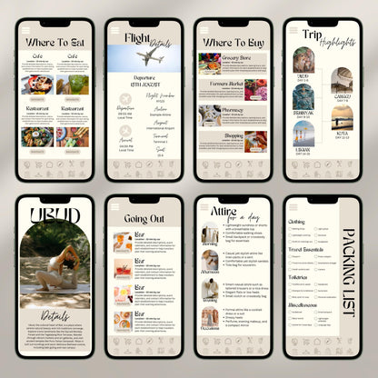 A collage of eight smartphone screens showcases a digital travel itinerary interface. Each screen displays different sections.