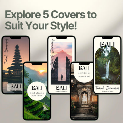 Five smartphone screens display different stylish cover designs. The headline above reads “Explore 5 Covers to Suit Your Style!” showcasing customization options for travelers.