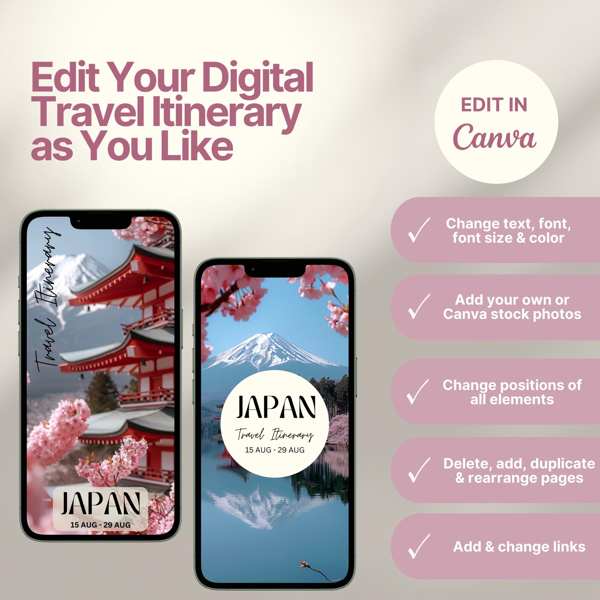 Two smartphones display customizable digital travel itinerary covers. The right side of the image lists editing features in Canva, including changing text, font, colors, images, layout, and links. A round badge reads “EDIT IN Canva,” emphasizing flexibility and personalization options.