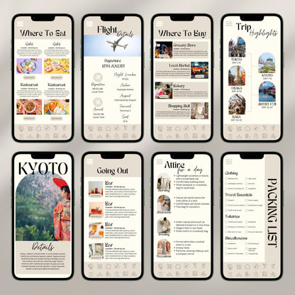 A collage of eight smartphone screens showcases a digital travel itinerary interface. Each screen displays different sections.
