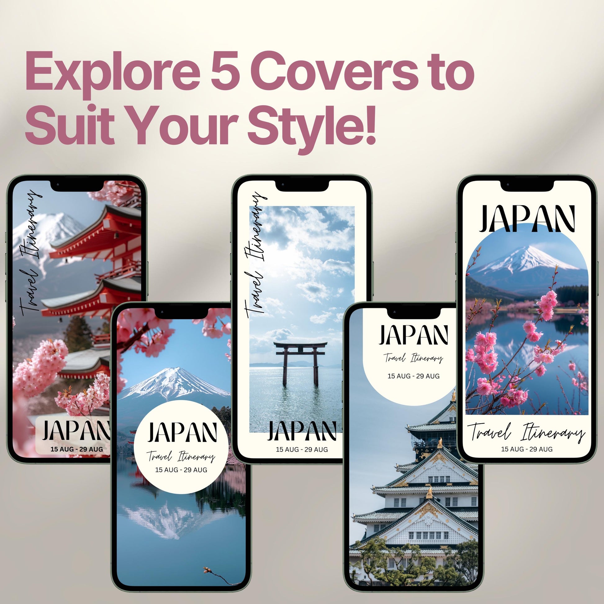 Five smartphone screens display different stylish cover designs. The headline above reads “Explore 5 Covers to Suit Your Style!” showcasing customization options for travelers.